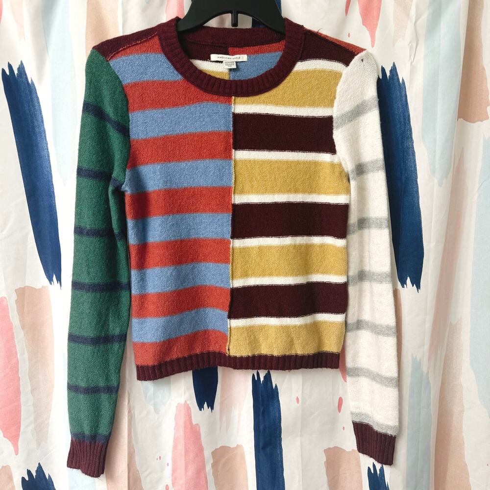 American Eagle Patchwork Crew Neck Sweater Size X… - image 4